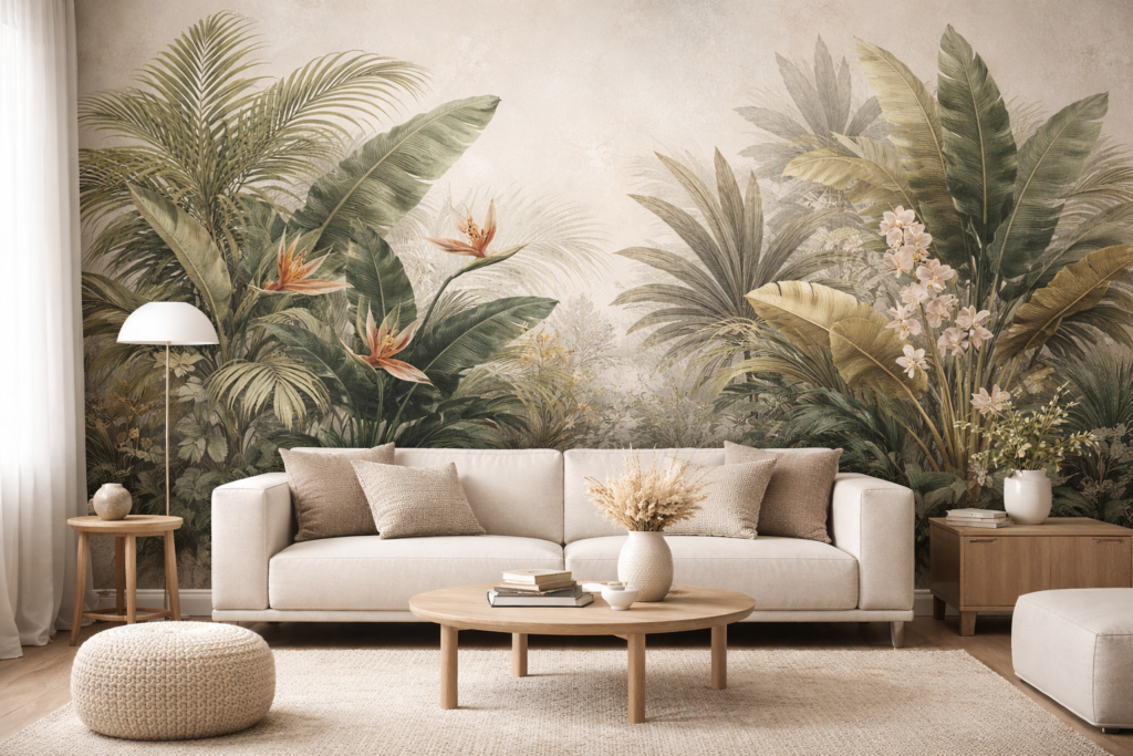 Tropical mural in a serene living room 